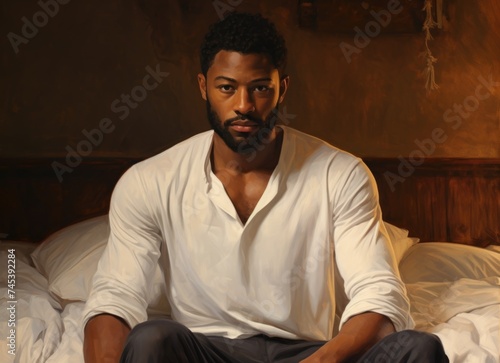 Young black man sitting on bed.