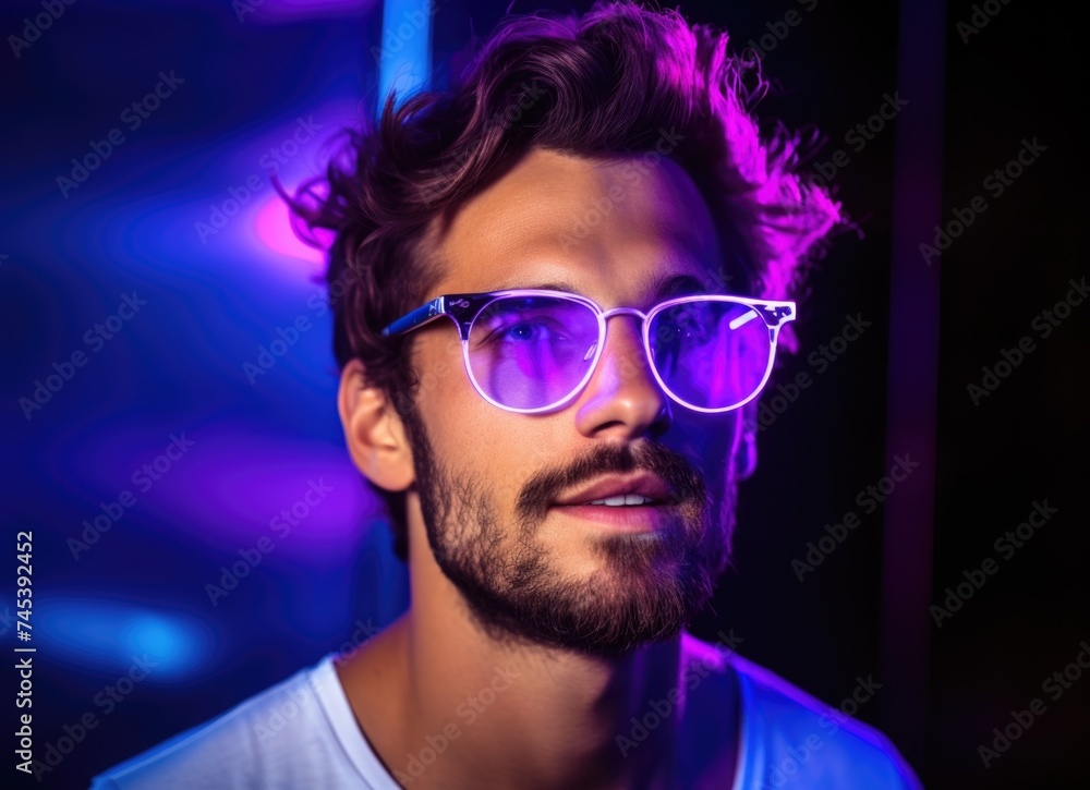 Man with glasses standing in front of purple light.