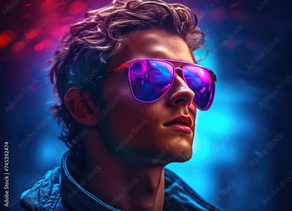 Stylish young man with sunglasses in a vibrantly colored dark room.	