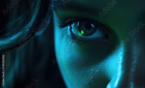 Close up portrait of person with green eyes.