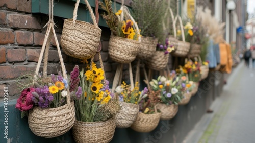 a row of baskets filled with flowers hanging from the side of a brick building on the side of a street.