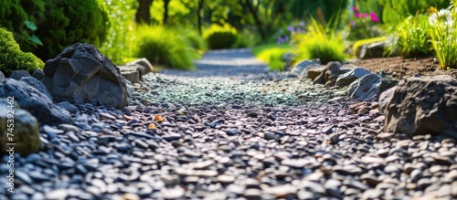 A path lined with gravel, rocks, and various green plants in the background. The gravel path winds through the landscape, surrounded by textured rocks and lush foliage. photo