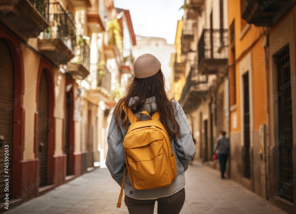 Woman walking down street with yellow backpack.
