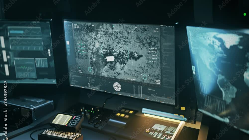 Drone Control Room. Futuristic Spy Weapon Aims At Tank To Fire Missile. Spy Weapon Destroys Armored Vehicle With Rocket. Futuristic Spy Tech. Futuristic Weapon Target Detection. Combat Drone Control Room. Futuristic Spy Weapon Aims At Tank To Fire Missile. Spy Weapon Destroys Armored Vehicle With Rocket. Futuristic Spy Tech. Futuristic Weapon Target Detection. Combat