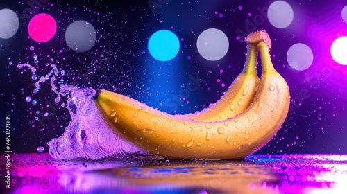 Wallpaper Mural a banana with a splash of water on it's side on a purple and blue surface with lights in the background. Torontodigital.ca