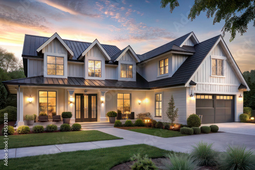 Twilight Elegance: Beautiful Modern Farmhouse Style Luxury Home Exterior