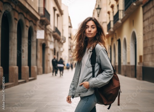 Young woman walking down street with backpack.