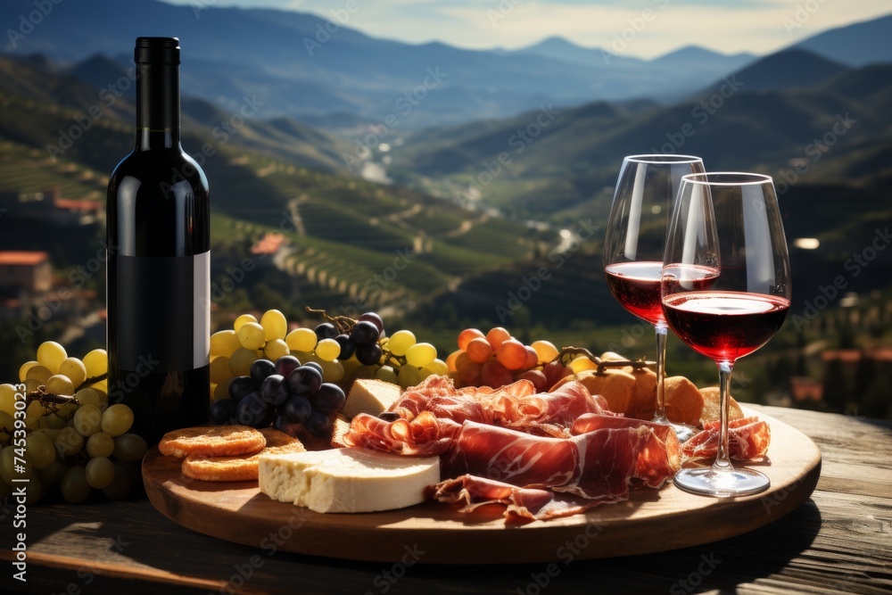 Scenic picnic setting with glasses of red wine, prosciutto, and jamon against mountain backdrop