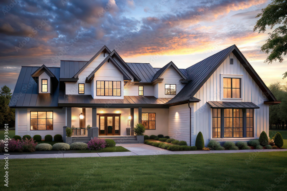 Twilight Elegance: Beautiful Modern Farmhouse Style Luxury Home Exterior Twilight Elegance: Beautiful Modern Farmhouse Style Luxury Home Exterior