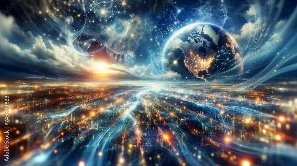 Global connectivity concept, with digital network lines and nodes streaming from cityscape to stylized globe. Global connectivity concept, with digital network lines and nodes streaming from cityscape to stylized globe.