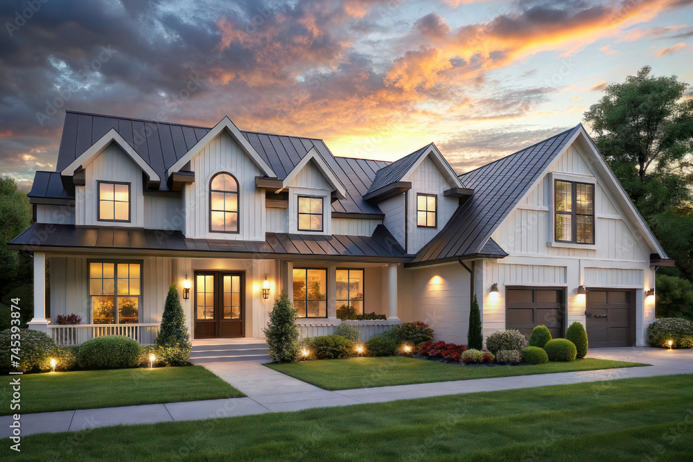 Twilight Elegance: Beautiful Modern Farmhouse Style Luxury Home Exterior Twilight Elegance: Beautiful Modern Farmhouse Style Luxury Home Exterior