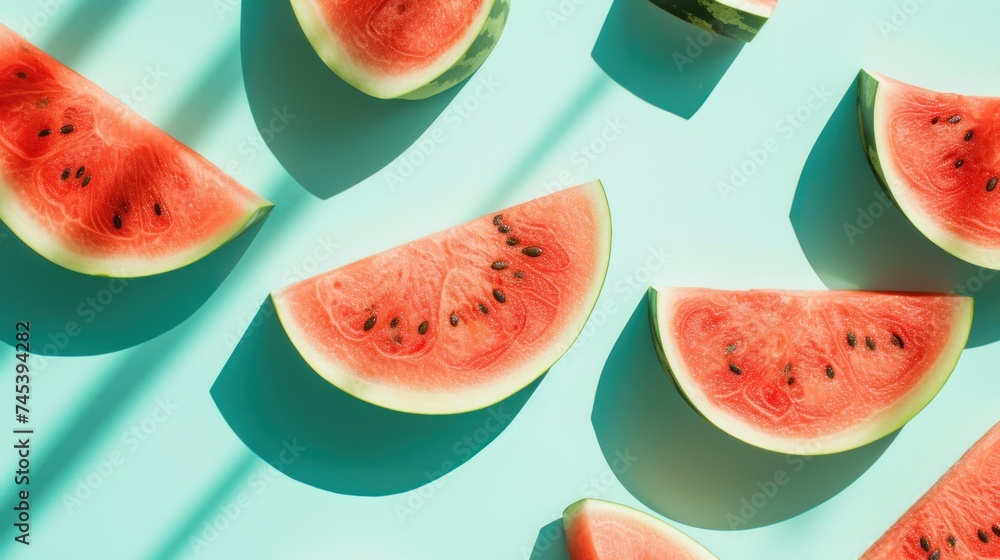 a group of slices of watermelon sitting next to each other on a light blue surface with shadows on it. a group of slices of watermelon sitting next to each other on a light blue surface with shadows on it.