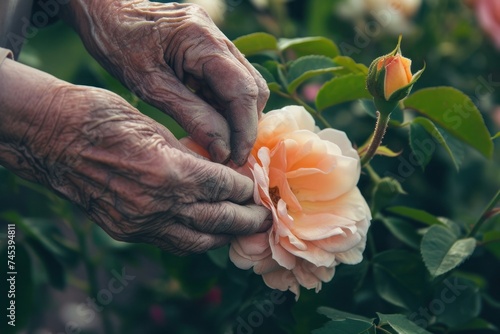 Elderly lady picking hybrid tea rose flower from bush in garden