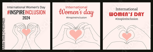 Set of greeting cards Inspire Inclusion. International Women's Day holiday posters in trendy line style. Vector illustration for social networks, banners, cards, prints. Editable stroke
