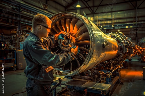 Aerospace Technician Using High-Tech Equipment to Test Jet Engine Efficiency, Clarity and Precision, In a Well-Lit, State-of-the-Art Service Hangar Tag