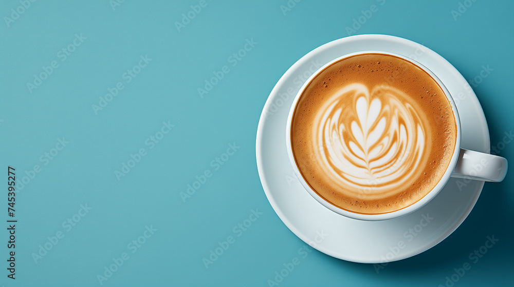 Cappuccino with Latte Art on Blue Background - Aromatic Coffee Presentation Cappuccino with Latte Art on Blue Background - Aromatic Coffee Presentation
