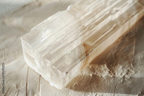 A large selenite crystal wand lies in soft light, its linear striations and opaque translucence casting subtle shadows on a textured surface. photo