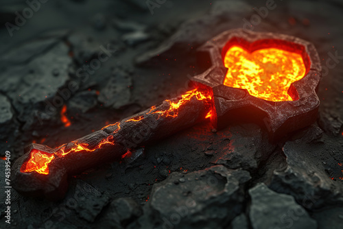 A very dangerous key burning in the middle of the obsidian field. Generative AI.
