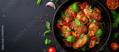 A pan filled with fried chicken fillet, tomatoes, garlic, onions, bell peppers, basil, and green seasoning sits atop a wooden table in a restaurant setting, ready to be served as a healthy dinner