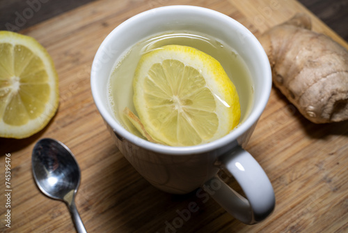 Healthy tea with lemon slices and ginger 