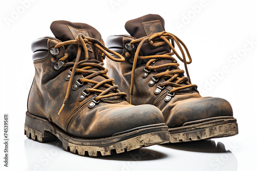 Old worn military boots on a white background. Generated by artificial intelligence photo