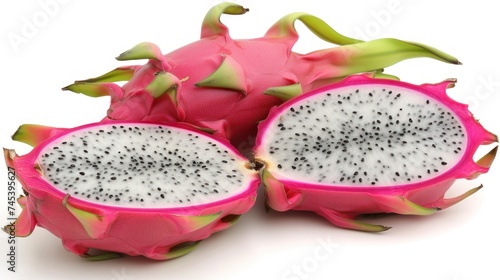 a dragon fruit cut in half and sitting on a white surface with one cut in half to show the inside of the fruit.