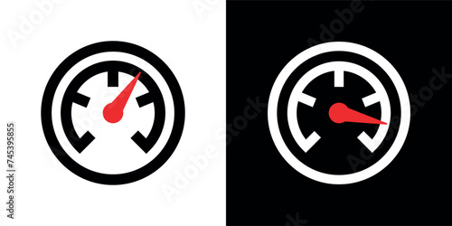 Icon pressure gauge, tachometer or speedometer. The dial of a device for measuring pressure or speed. Device with an arrow. Barometer pictogram for measuring pressure.