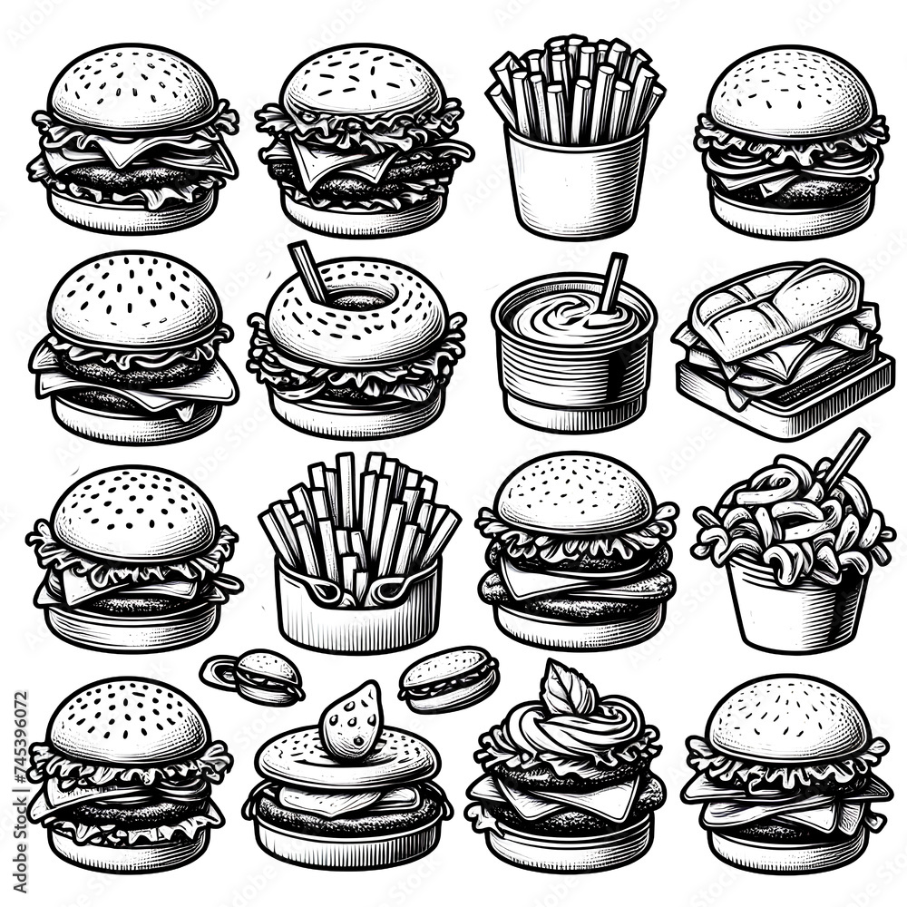 Set of hand drawn fast food icons. Hamburger, french fries, cola, burger, cheeseburger. Vector illustration