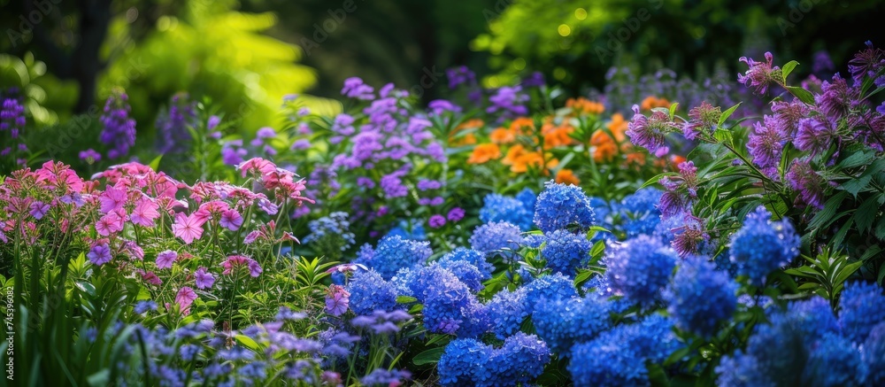 Obraz premium A garden filled with a variety of colorful flowers, including vibrant Cape leadwort, plumbago, and auricula. The flowers are in full bloom, creating a stunning display of colors and shapes.