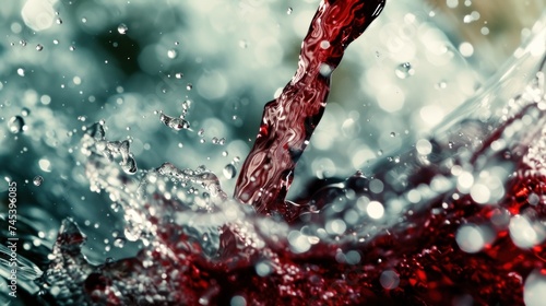 a close up of a red liquid pouring out of a faucet into a body of water with a blurry background. photo