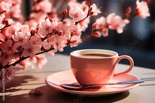 Feminine aesthetic floral sunlight shadows and coffee cup on peach table background