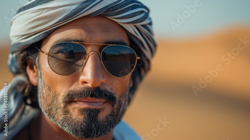 Portrait of a handsome Arabian man with sunglasses in the desert