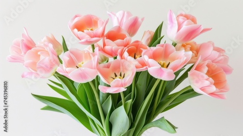 a vase filled with pink tulips on top of a white table next to a green leafy plant.