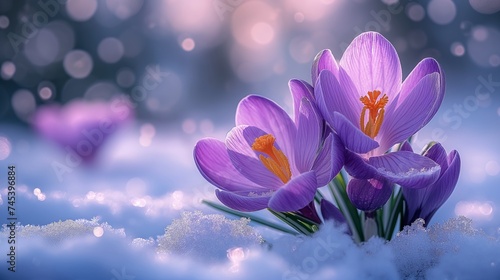 Beautiful crocus flowers in the snow with the sun in the background