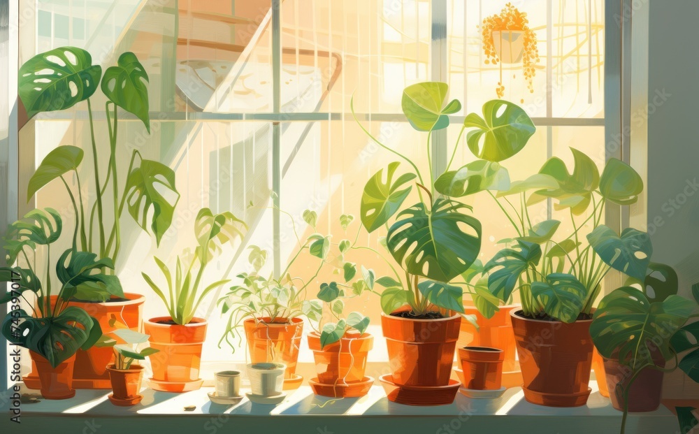 a window sill filled with potted plants on top of a window sill in front of a window.