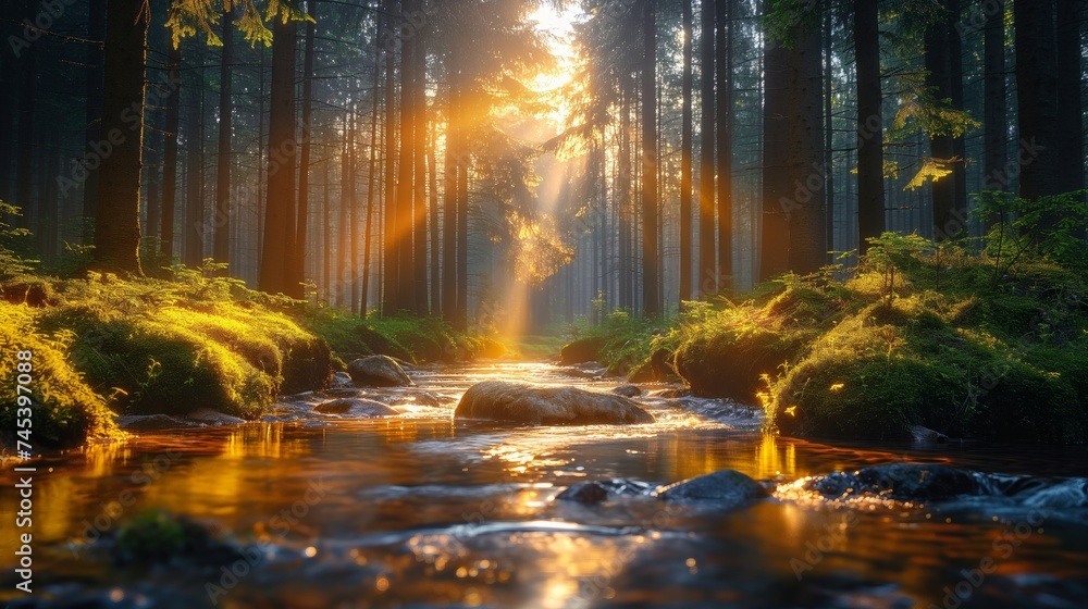 Morning in the forest with fog and sunbeams on the water Morning in the forest with fog and sunbeams on the water