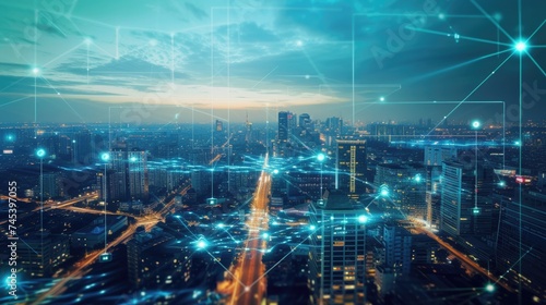 Digitally enhanced image illustrating a bustling smart city network with glowing connections and data points over an urban skyline. AIG41