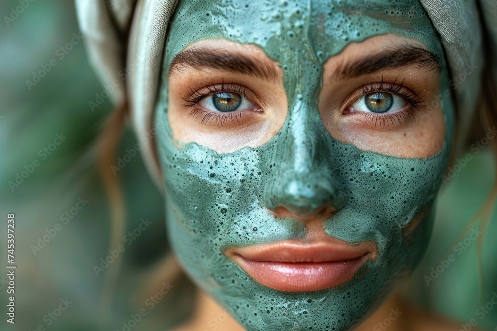 Close-up portrait of a woman with a DIY matcha face mask applied, highlighting her eyes and the detailed texture of the skincare treatment on her skin. Close-up portrait of a woman with a DIY matcha face mask applied, highlighting her eyes and the detailed texture of the skincare treatment on her skin.
