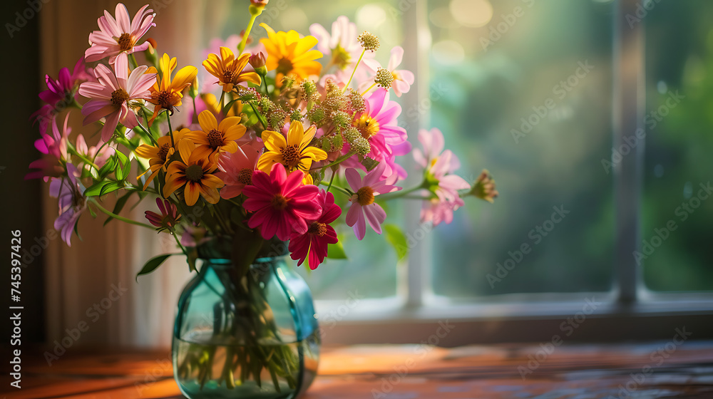 Um buquê vibrante em uma loja de flores iluminado por luz natural e convidando para um momento acolhedor - obrazy, fototapety, plakaty 