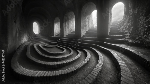 Spiral shape of a stone labyrinth. 3d rendering