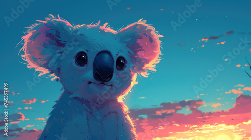 a digital painting of a koala bear with a sunset in the back ground and clouds in the back ground. photo