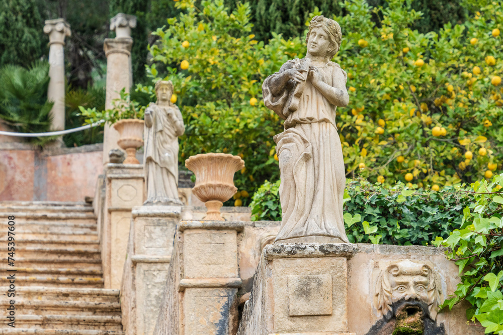 Raixa, muses of poetry on the monumental staircase, municipality of Bunyola, Majorca, Balearic Islands, Spain