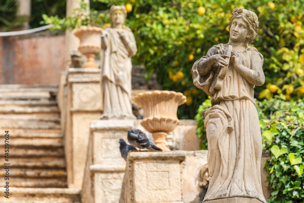 Raixa, muses of poetry on the monumental staircase, municipality of Bunyola, Majorca, Balearic Islands, Spain Raixa, muses of poetry on the monumental staircase, municipality of Bunyola, Majorca, Balearic Islands, Spain