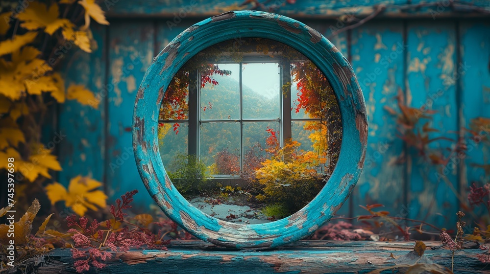 Mirror on the stone in the autumn forest. Vintage style