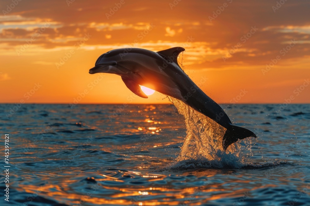 Obraz premium a dolphin leaping out of the ocean at sunset.