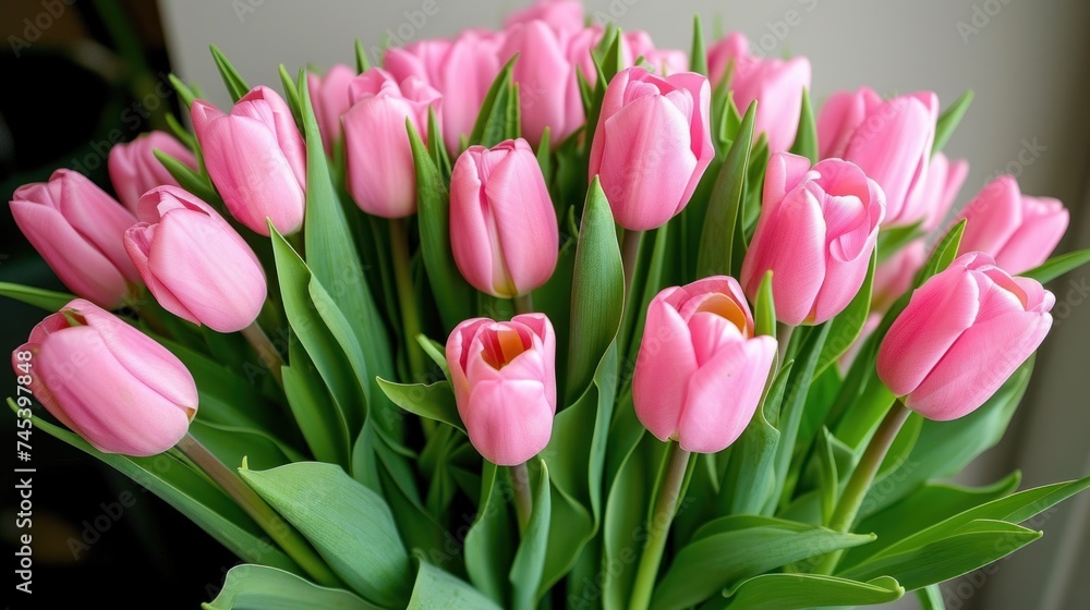 a vase filled with pink tulips sitting on top of a wooden table next to a green leafy plant. a vase filled with pink tulips sitting on top of a wooden table next to a green leafy plant.