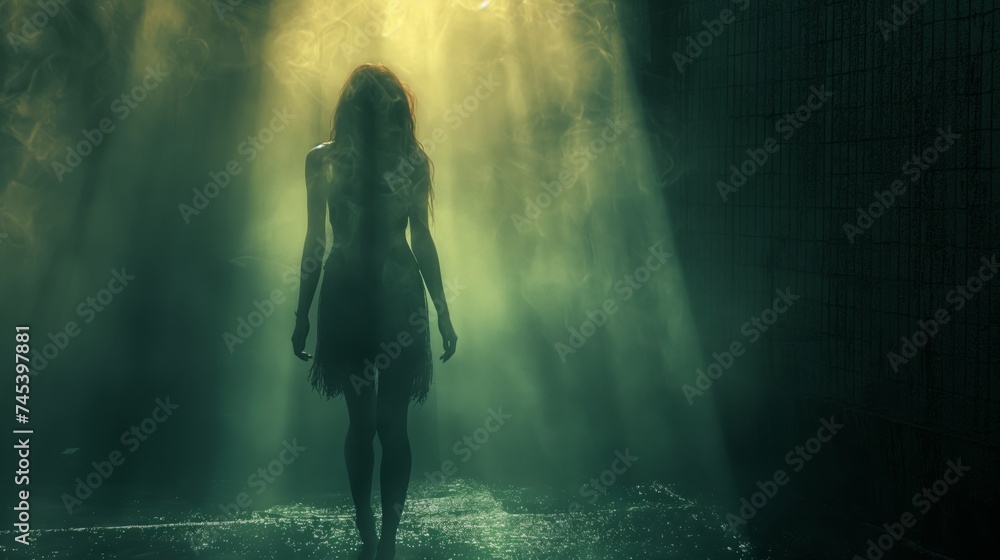Obraz premium Horror scene of ghost woman in dark forest at night. Halloween concept