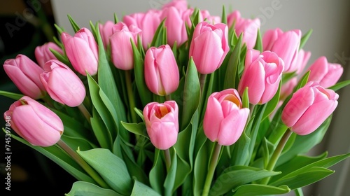 a vase filled with pink tulips sitting on top of a wooden table next to a green leafy plant.