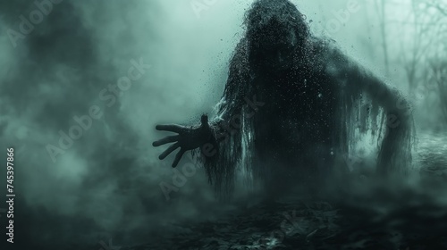 Scary ghost in the dark forest with fog. Halloween concept photo