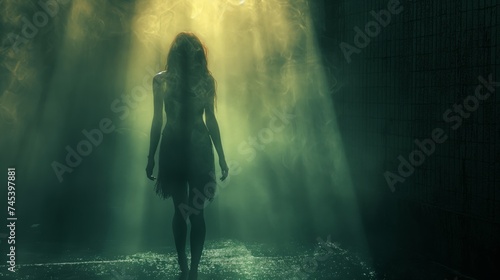 Horror scene of ghost woman in dark forest at night. Halloween concept